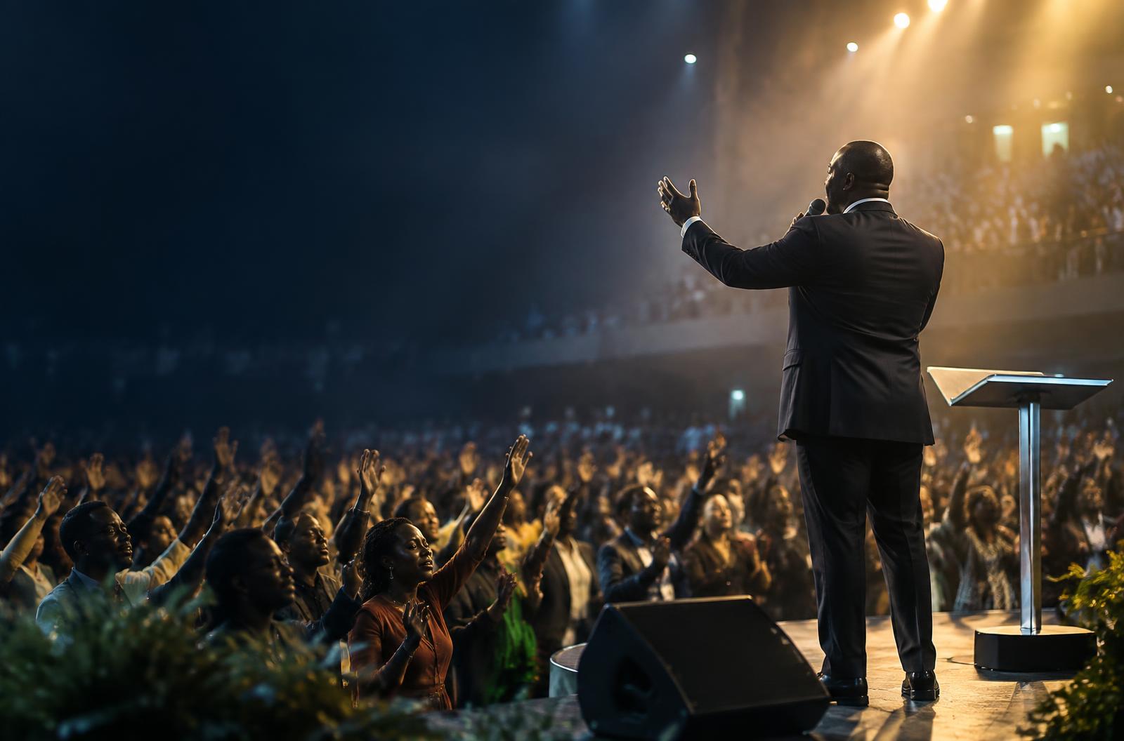 Congregation worshipping as a pastor preaches