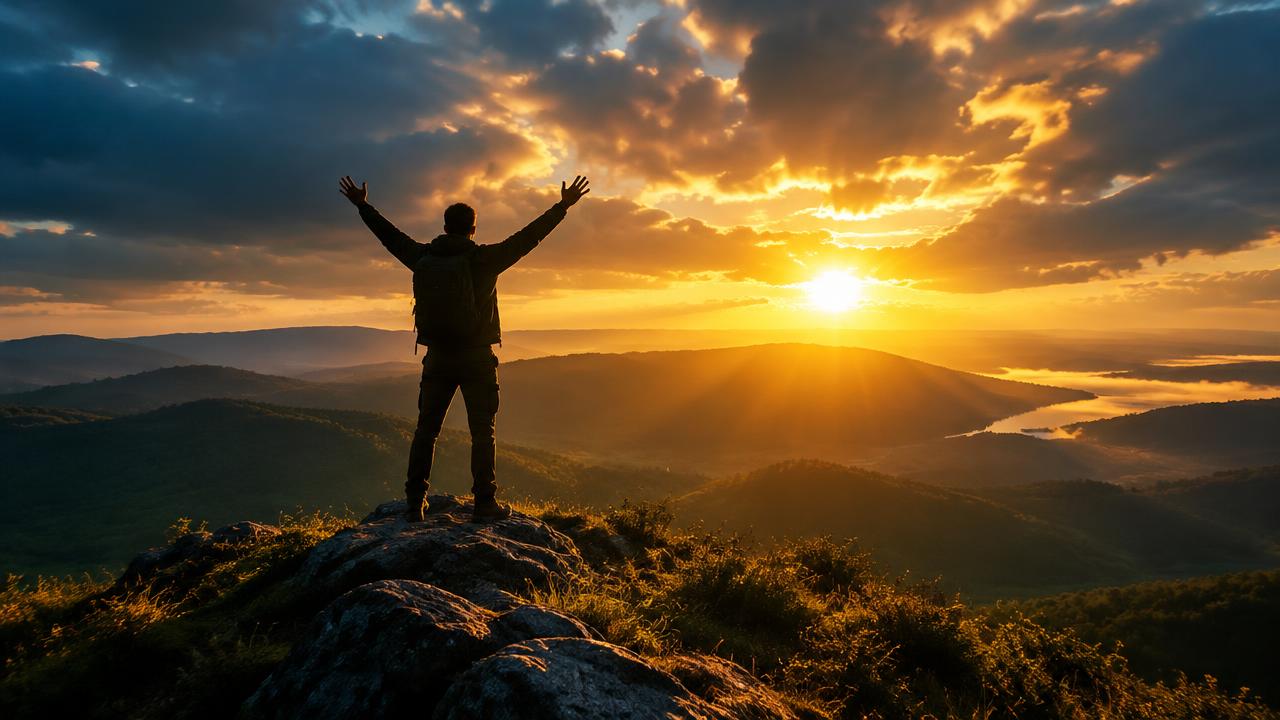 A person standing on a hilltop at sunrise with arms raised upward