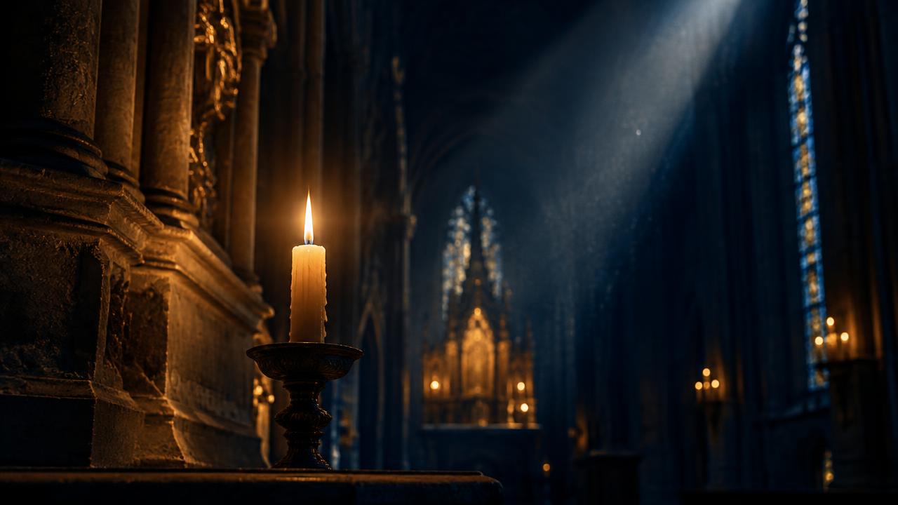 A single lit candle glowing inside a dark stone cathedral