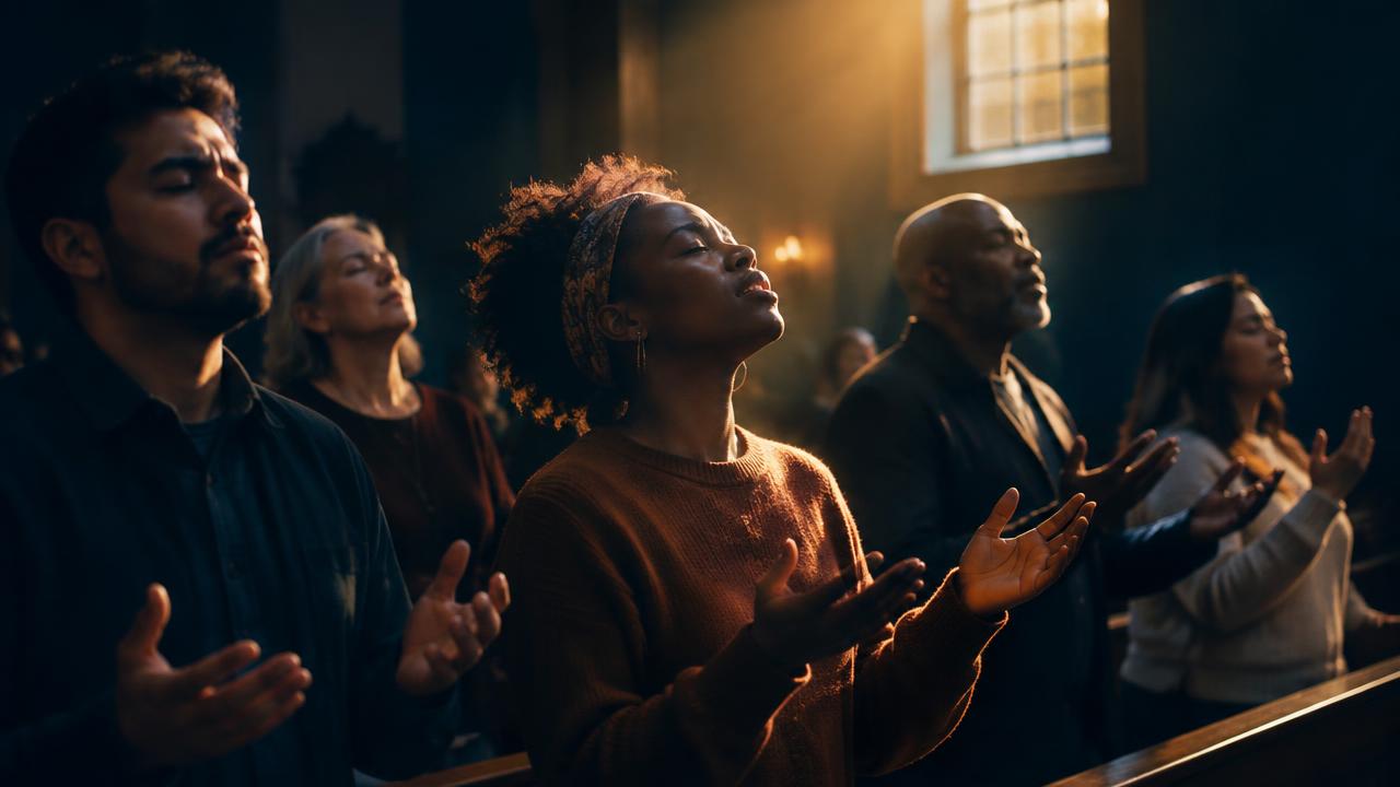 A group of believers standing together with hands raised in prayer