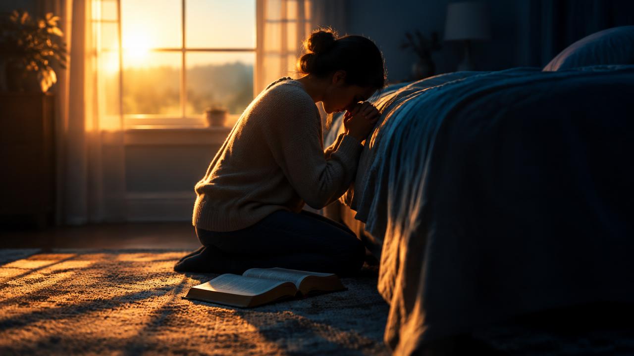 A woman kneeling in prayer beside her bed at dawn with an open Bible