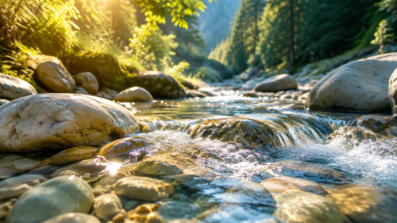 A clear stream flowing over smooth stones in a sunlit forest