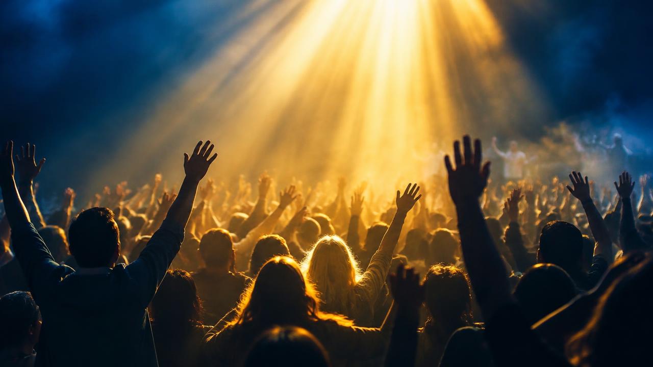 A congregation with hands raised toward radiant light from above